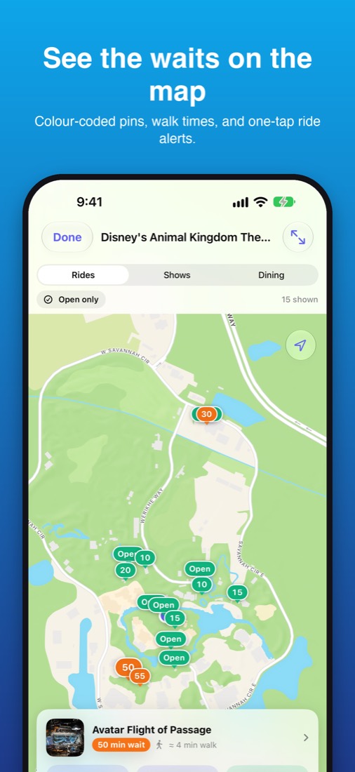 Wait times on the park map