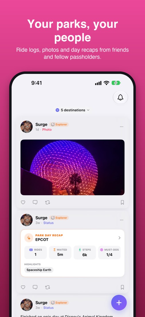 Community feed with ride logs and day recaps